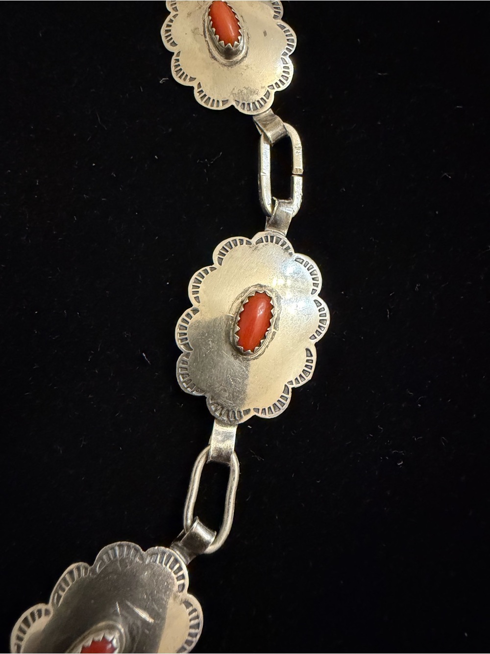 Rare Vintage Navajo Sterling Silver and Red Coral Concho Link Necklace - Picture 6 of 15
